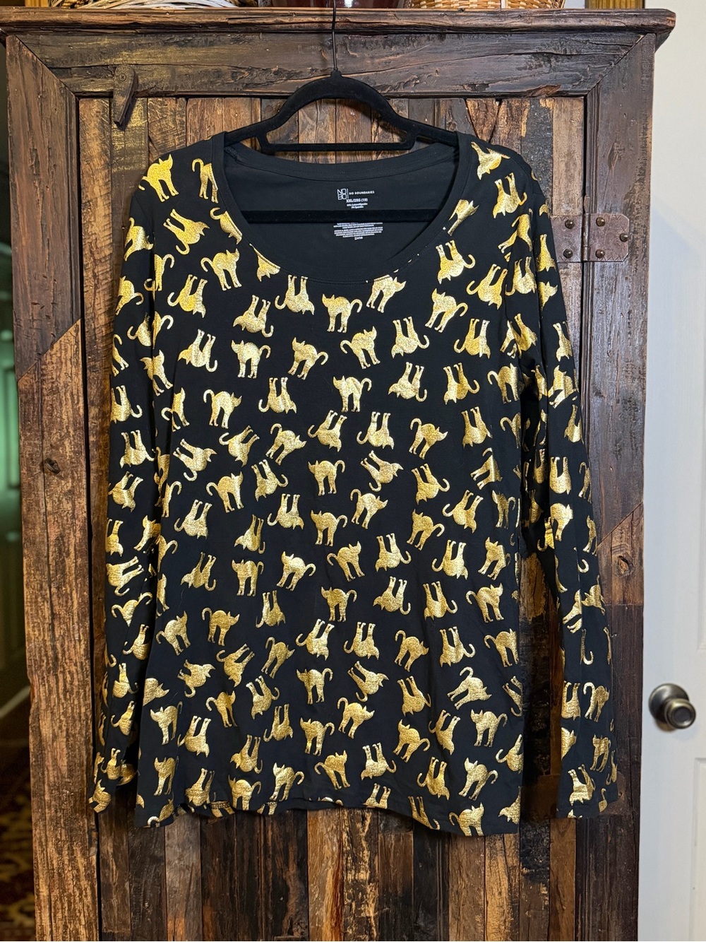 Black Gold Metallic Cat Print Long Sleeve top  Halloween cat lovers